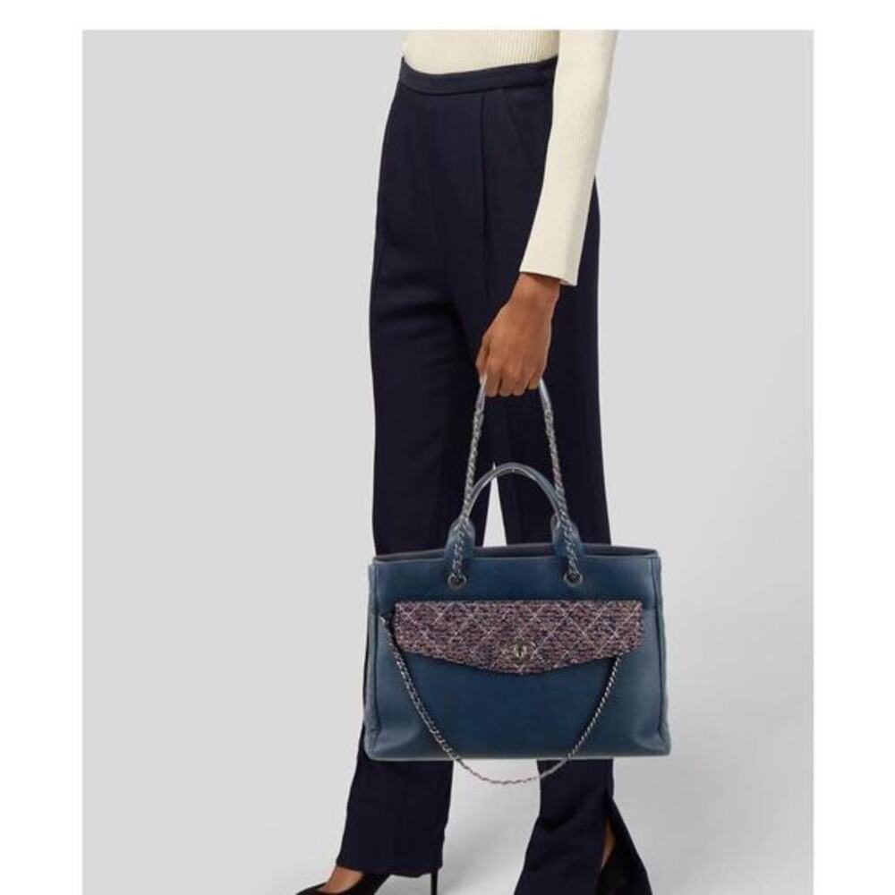 Chanel tweed coco break large shopping tote blue with tweed pouch bag